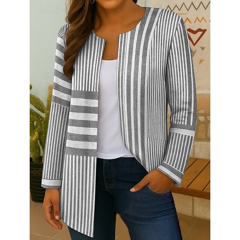 Women's Blazer Windproof Warm Pocket Color Block Open Front Modern Boho Vintage Geometric Casual Daily Casual Daily Regular Crewneck Loose Fit Long Sleeve Outerwear Black Yellow Pink Fall4