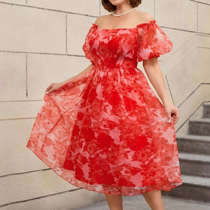 Retro Vintage 1950s Rockabilly Midi A Line Dress Flare Dress Plus Size Off Shoulder Floral A-Line Fancy Dress Women's Vacation Homecoming Party & Evening Adults Dress Spring & Summer