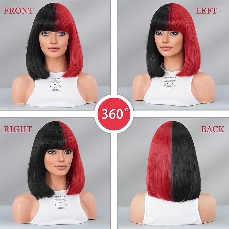 Half Red Half Black Wigs with Bangs 14 Inch Short Straight Bob Synthetic Heat Resistant Wig for Women Halloween Cosplay Party Wig  Halloween Cosplay Party Wigs2