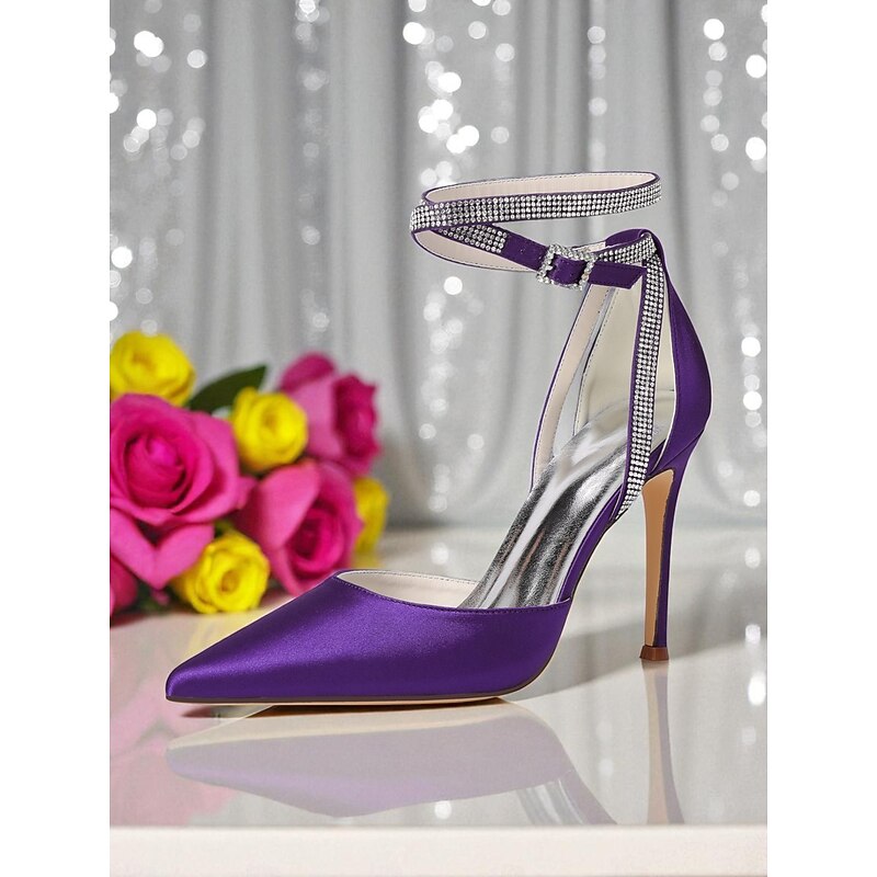 Women's Purple Satin Pointed Toe Stiletto Heels with Rhinestone Ankle Strap - Glamorous High Heel Dress Shoes for Ladies, Ideal for Cocktail Parties and Night Events3