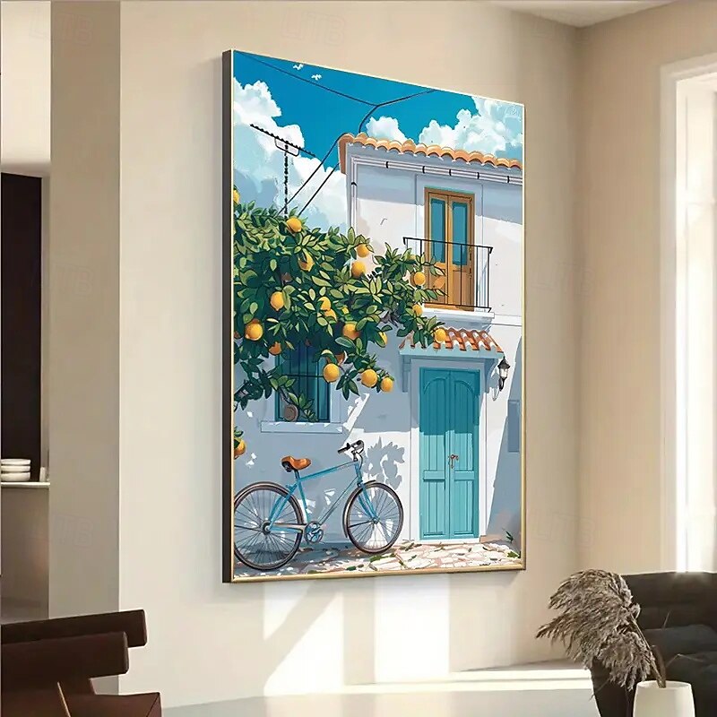 1 Vibrant Mediterranean Lemon Tree And White House Canvas Art Piece Suitable For Living Rooms Bedrooms And Home Offices  Inviting Street Views With Blue Bicycles And Glowing Windows Home Decor2