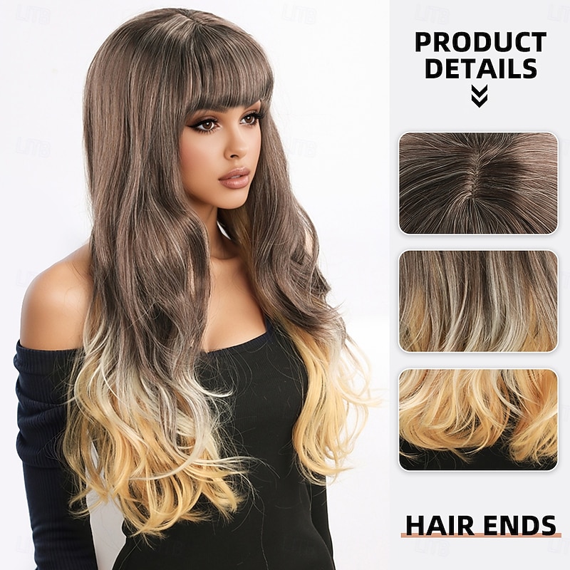 Long Brown and Blonde Wig for Women – Full Bangs, Wavy Big Curls, Fashionable Synthetic Wig, Perfect for Trendy Looks and Everyday Style2