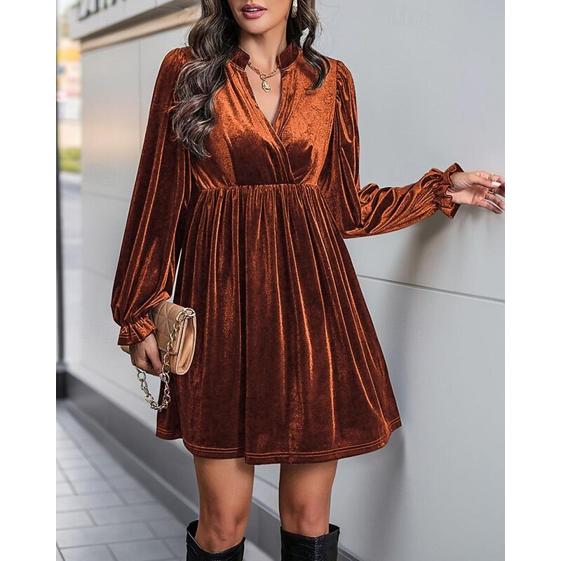 Women's Mini Dress Velvet Dress Cocktail Dress Fashion Modern Evening Party Date Weekend Regular Fit Plain Long Sleeve V Neck Wine Navy Blue Orange Green Fall Winter
