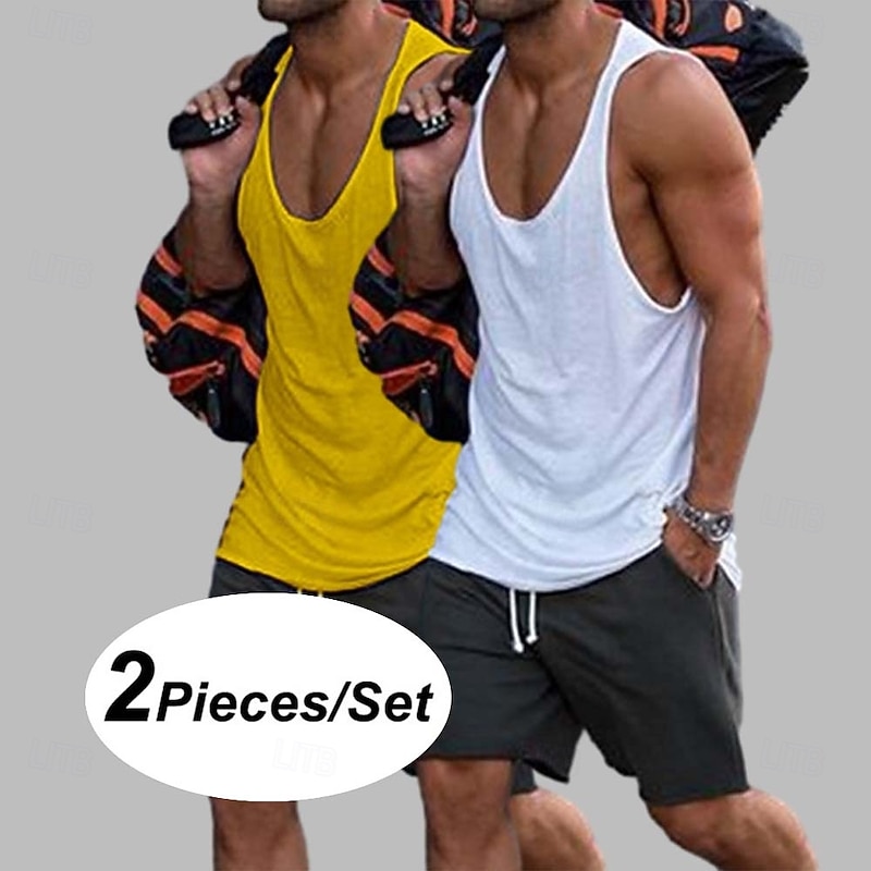 2 Piece  Men's Tank Top Vest Top Undershirt Sleeveless Shirt Sleeveless Crew Neck Scoop Neck Summer Solid Color Plain Fashion Sporty Casual