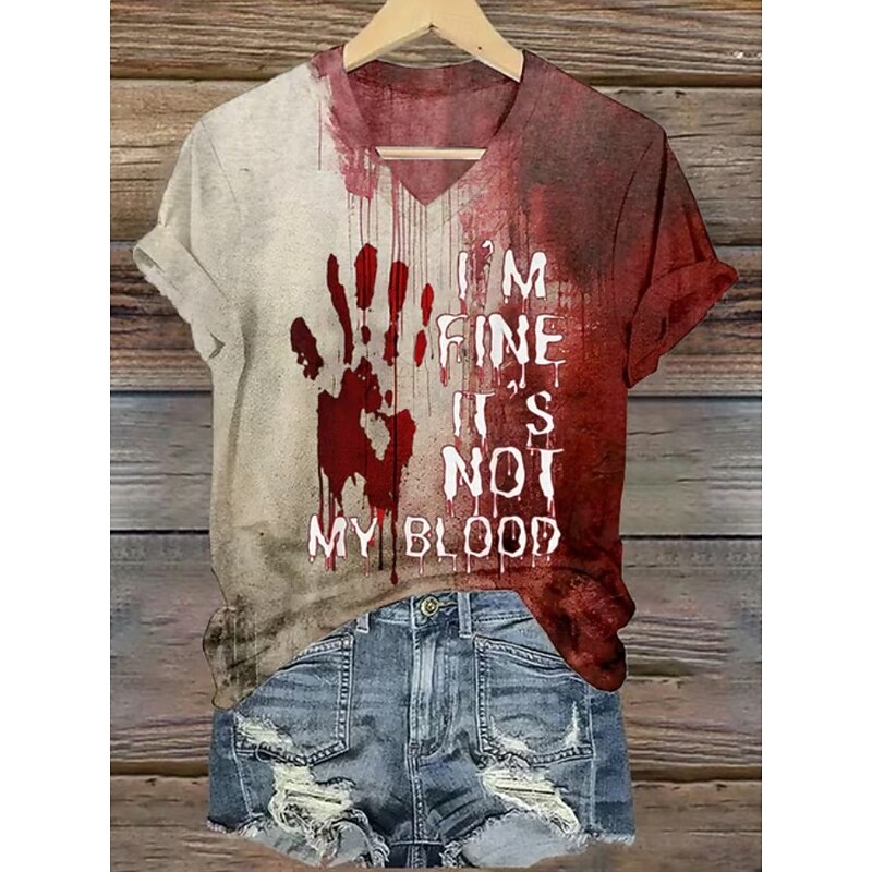 Halloween Women's T shirt Monster Graphic Vintage Stylish Classic Short Sleeve V Neck Regular Tops Daily Print Maroon Black White Red Summer Spring2