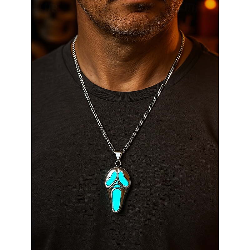 Men's Glow-in-the-Dark Ghost Face Pendant Necklace – Halloween Horror Jewelry for Costume Party and Night Events2