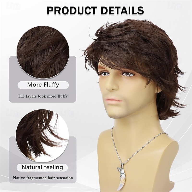 Mens Light Brown Wig Short Layered Natural Wavy Synthetic Heat Resistant Hair Wigs Male Guy Daily Party Costume Halloween Cosplay Wigs3