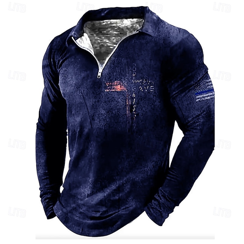 Men's Graphic Cross Polo Long Sleeve Half Zip Vintage Casual Daily Athleisure Casual Daily Zip Up Spring Fall Winter Black Blue Dark Grey4