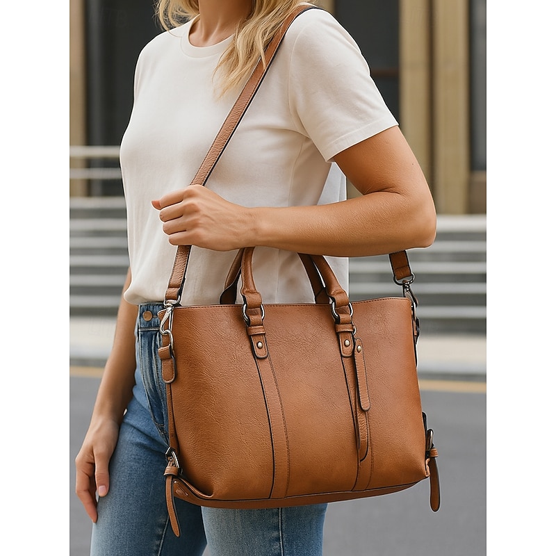 Women's Multi-Way Faux Leather Tote Bag with Top Handles and Crossbody Strap – Vintage Large Shoulder Handbag for Work, Travel and Casual Outings2