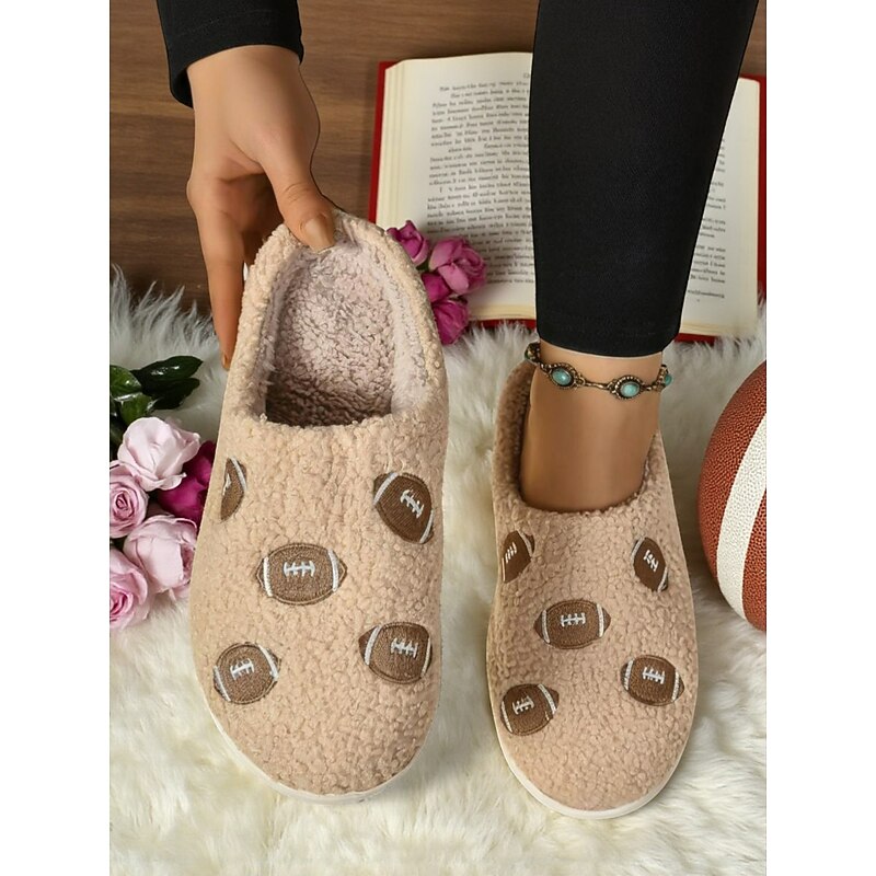 Women's Fleece-Lined Rugby Ball Print Slippers – Cozy Indoor House Shoes for Game Day, Lounging and Holiday Gifts