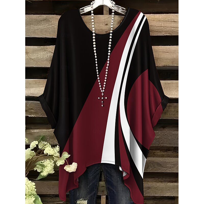 Women's Blouse Graphic Geometric Vintage Daily Casual Half Sleeve Batwing Sleeve Crew Neck Regular Tops Daily Holiday Beach Wear Asymmetric White Wine Red Summer Spring