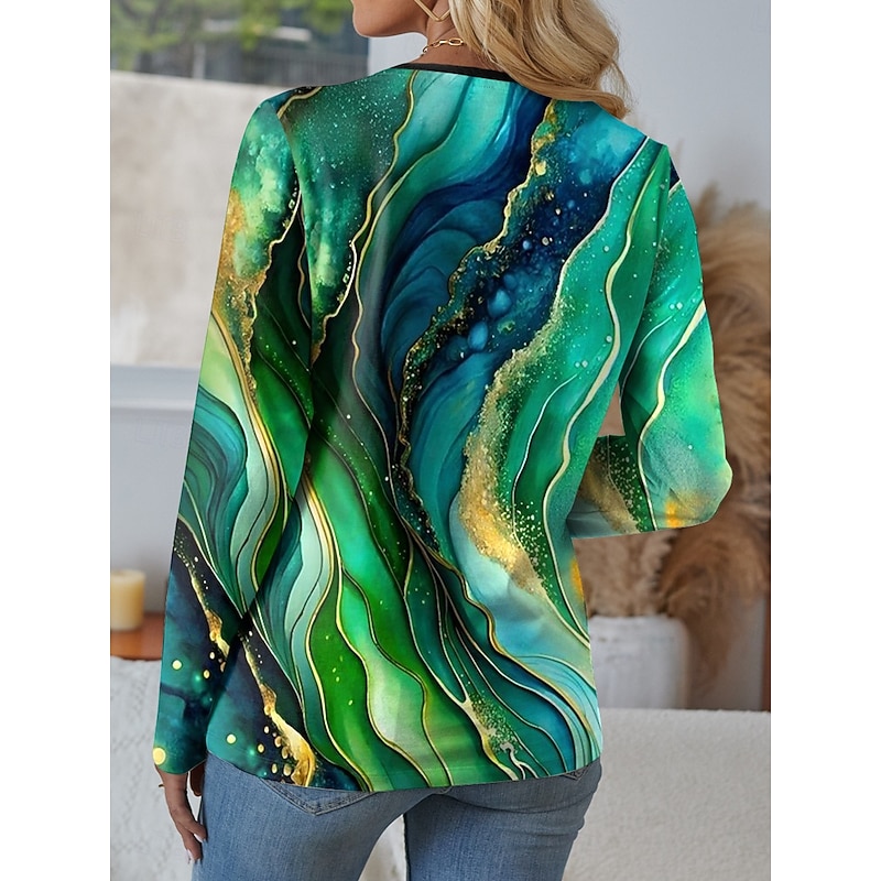 Women's T Shirt Ombre Graphic Geometric Vintage Stylish Casual Long Sleeve Notched Neck Regular Tops Daily Print Army Green Blue Sky Blue Green Summer Spring Fall2