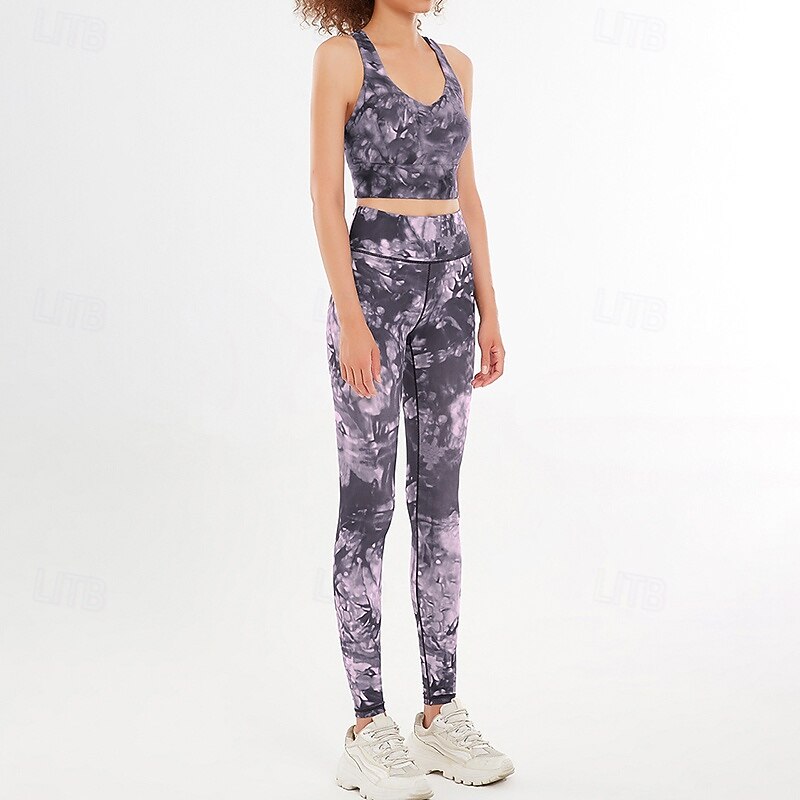 Women's 2 Pieces Activewear Set Sports Bras Seamless Leggings Printing Clothing Suit Pink Blue Gym Athletic Pilates High Waist Non See Through Tummy Control Sleeveless Sport Activewear Tight Fit2