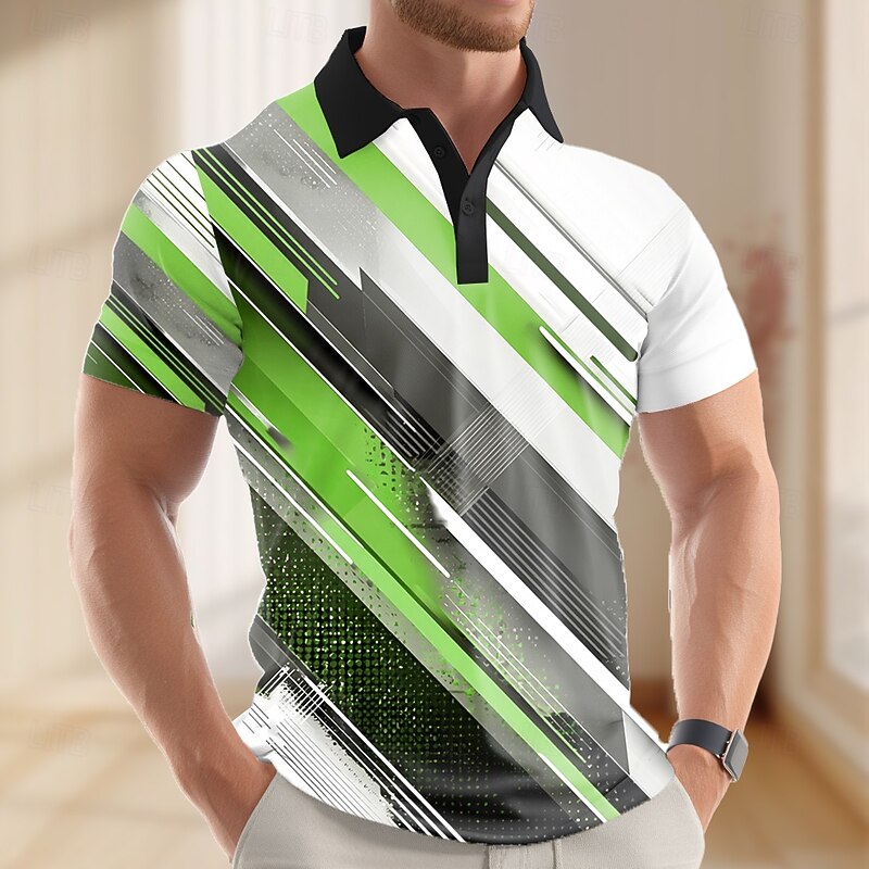 Men's Abstract Geometic Polo Short Sleeve Polo Shirts Lapel Business Casual Business Athleisure 3D Print Buttons Summer Red Blue Purple3