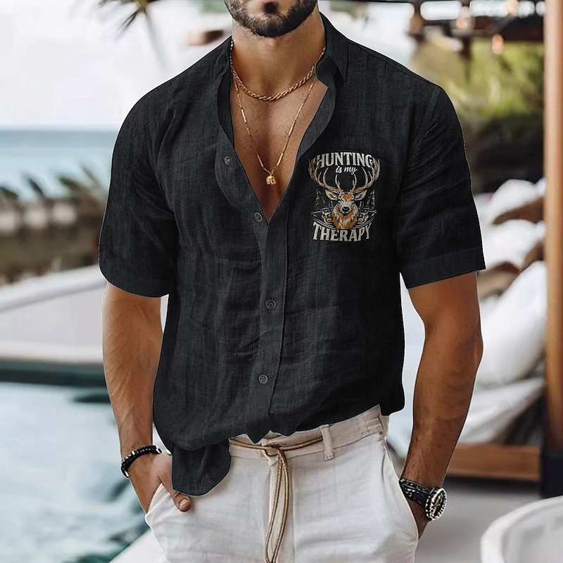 Men's Linen Shirt Casual Shirt Cotton Linen Shirt Button Up Shirt Animal Patterned Vacation Daily Wear Black White Light Green Pink Short Sleeve Lapel All Seasons Clothing Apparel Buckle