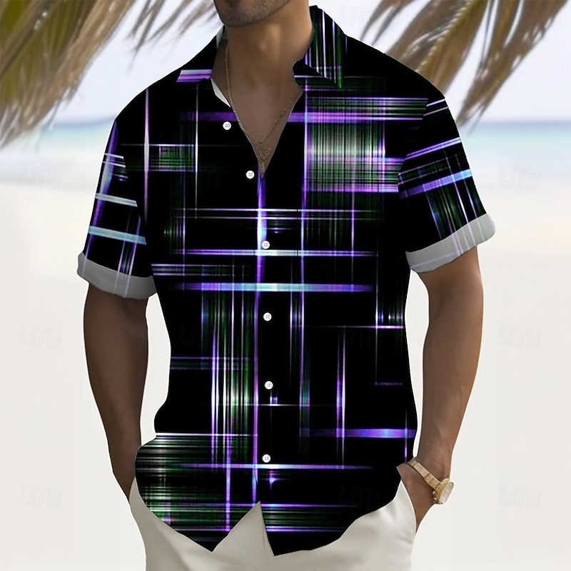 Men's Geometric Gradient Line Shirt Summer Shirt Button Up Shirt Short Sleeve Fashion Casual Outdoor Vacation Dailywear Summer Spring Turndown 3D Print Collared Shirts Front One Pocket Black