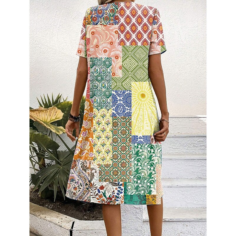 Women's Midi Dress Shift Dress A Line Dress Summer Dress Vacation Casual Regular Fit Floral Graphic Geometric Short Sleeve Crew Neck Yellow Pink Red Blue Summer Spring2