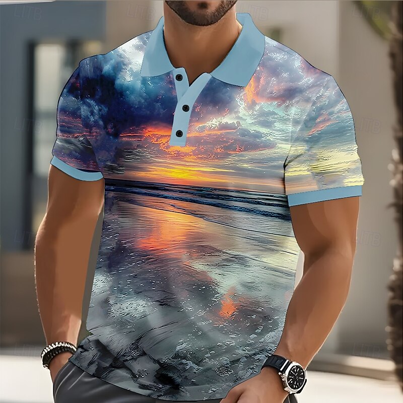 Men's Ocean Sunset Polo Short Sleeve Polo Shirts Casual Street Athleisure Daily Wear 3D Print Buttons Summer Blue Sky Blue2