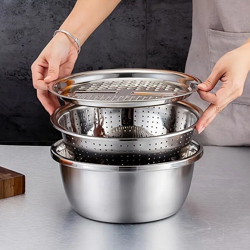 3-Piece Stainless Steel Kitchen Set with Integrated Grinder, Multi-Function Strainer, and Mixing Bowl, Food-Safe with Drainage System, Ideal for Cleaning and Slicing Fruits, Vegetables, and Cheese, Perfect for Home Cooking3