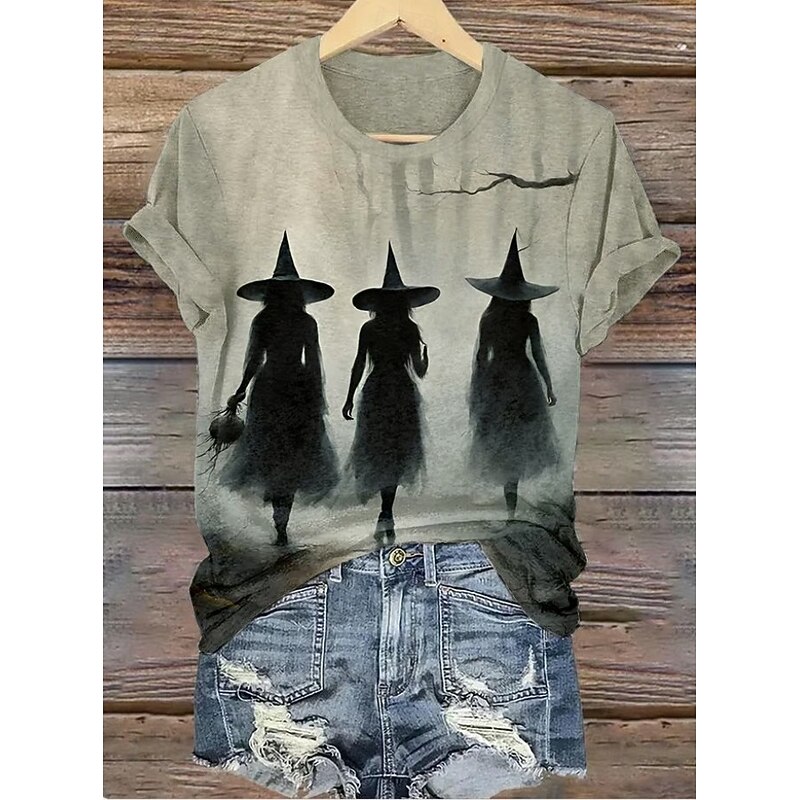Halloween Women's T shirt Witch Graphic Vintage Stylish Classic Short Sleeve Crew Neck Regular Tops Daily Print Black and gray Khaki Light Grey Dark Gray Summer Spring Fall3