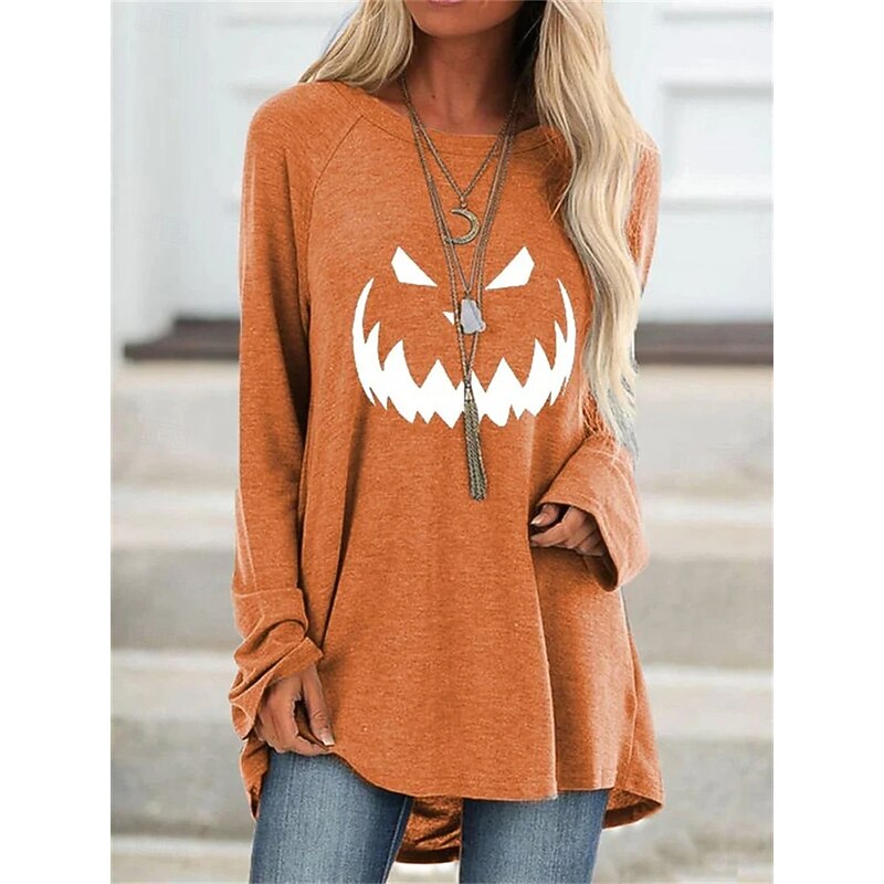 Halloween Women's T shirt Pumpkin Graphic Vintage Stylish Classic Long Sleeve Crew Neck Round Neck Long Tops Daily Print Black Yellow Orange Spring Fall3