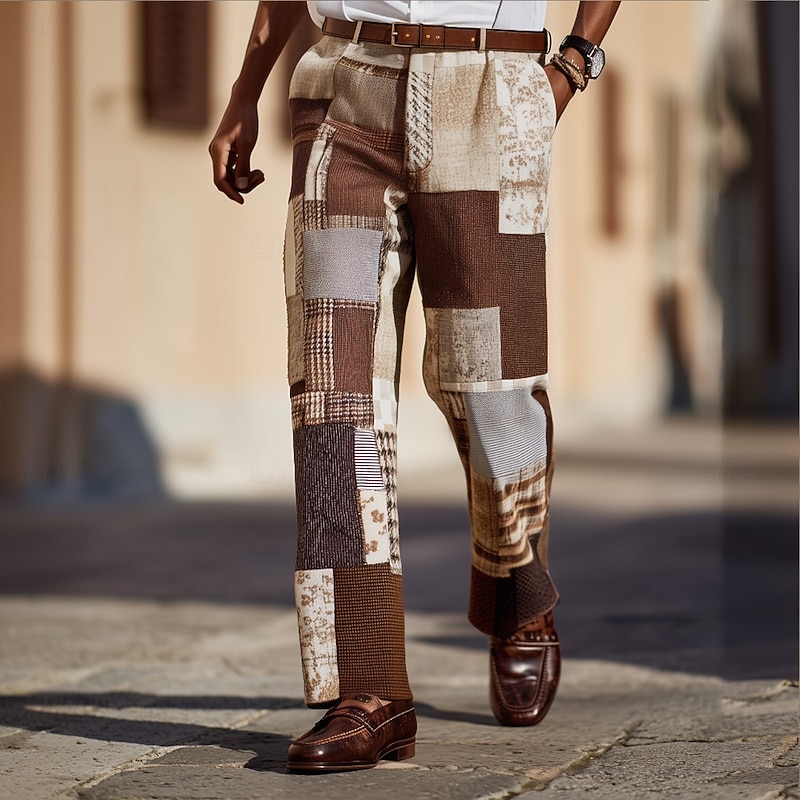 Men's Color Block Patchwork Dress Pants Trousers Suit Pants Mid Waist Ethnic Vintage Retro Outdoor Holiday Regular Fit Flat-Front Straight Leg Pants with Pockets Summer Spring Fall 3D Print Wine khaki