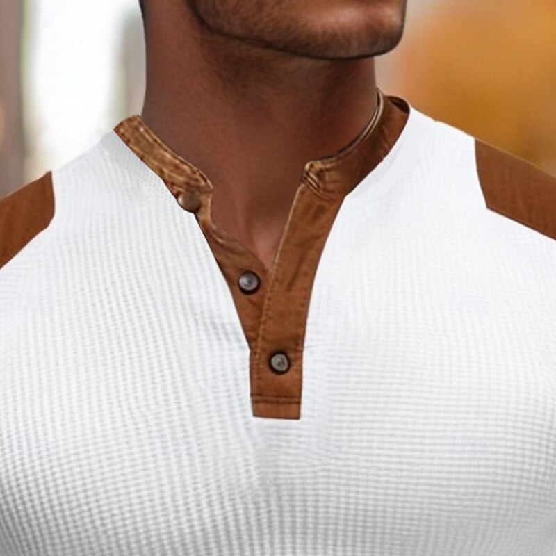 Men's Waffle Tee Long Sleeve V Neck Summer Spring Fall Plain Basic Modern Casual Patchwork Buttons Basic Home Street Casual Black White Navy Blue Top Tee for Men2