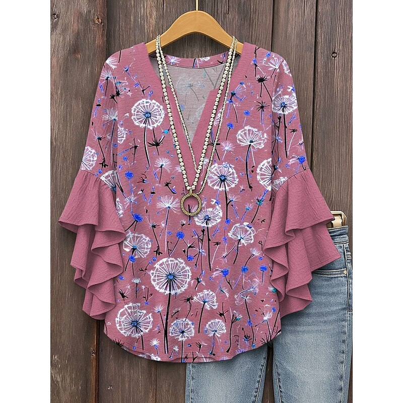 Easter Women's Blouse Floral Graphic Elegant Bohemia Ethnic 3/4 Length Sleeve V Neck Regular Tops Daily Holiday Vacation Wear Ruffle Print Pink Blue Purple Green Summer Spring Fall4