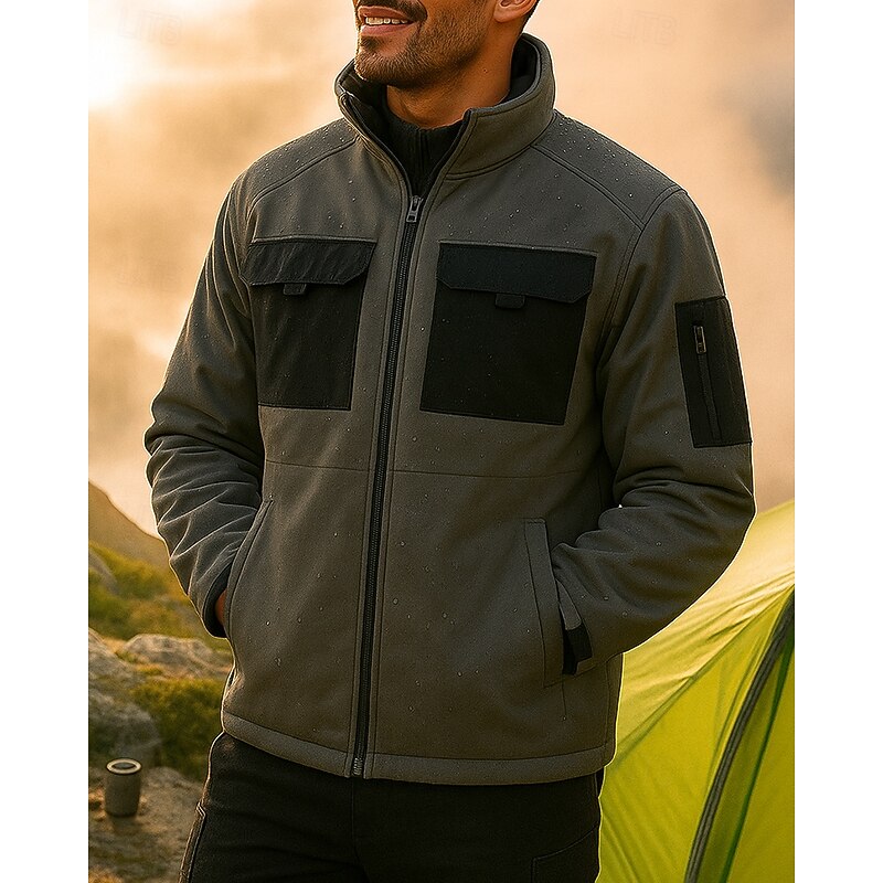 Men's Windbreaker Softshell Jacket Winter Outdoor Patchwork Thermal Warm Waterproof Windproof Top Black Green Khaki Grey3