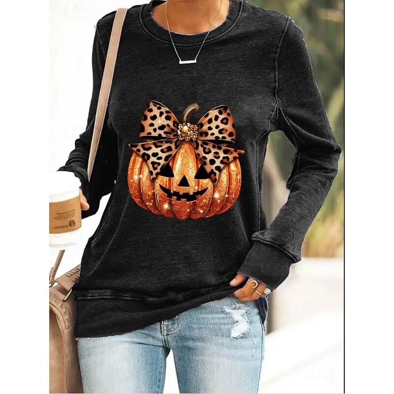 Halloween Women's Pullover Sweatshirt Skulls Graphic Pumpkin Casual Long Sleeve Crew Neck Regular Tops Street Casual Holiday Print Black White Wine Red Blue Spring Fall Winter4