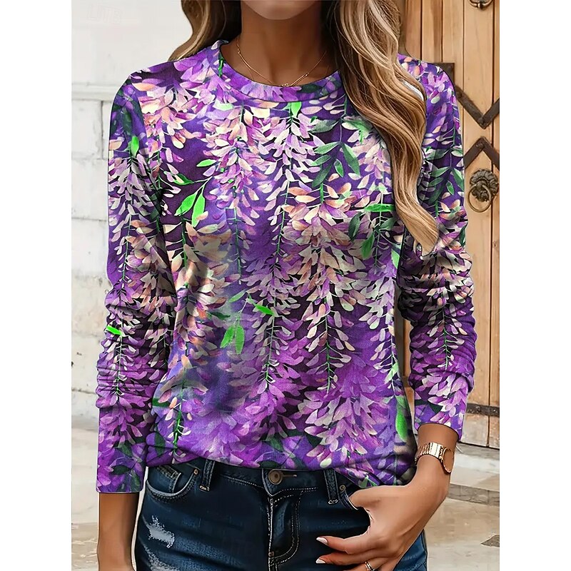 Women's T shirt Crew Neck Long Sleeve Tunic Floral Graphic Plants Vintage Stylish Classic  Round Neck Regular Tops Daily Print Yellow Red Blue Purple Green Fall4