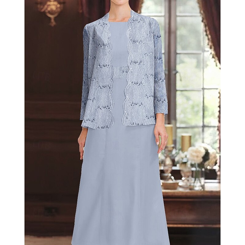 Sequin Lace Two Piece A-Line Mother of the Bride Dress Elegant Simple Luxurious Chiffon Boat Neck Midi Length Sleeveless with Long Sleeve Jacket3