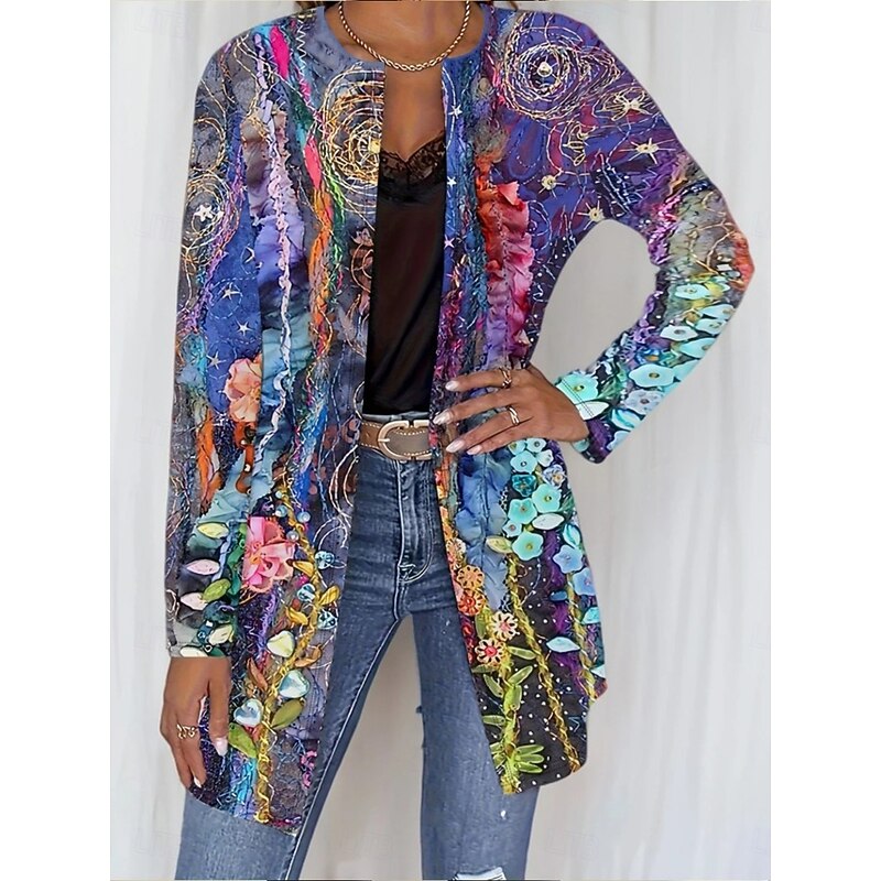 Women's Casual Jacket Comfortable Breathable Pocket Open Front Casual Boho Vintage Floral Casual Daily Wear Open Front Long Crewneck Regular Fit Long Sleeve Outerwear Blue Purple Spring Fall
