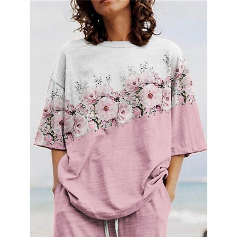 Women's Active Fashion Pants Sets 3/4 Length Sleeve Crew Neck Floral Print Vacation Daily Holiday Pink Summer Regular Fit2