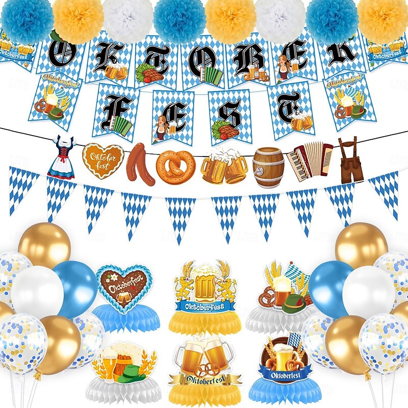 Oktoberfest Decorations Kit, Party Supplies with Bunting Flags, Bavarian Banner Pennant, Latex and Foil Balloons, Tablecloth, Photo Booth Props for Oktoberfest Beer Party