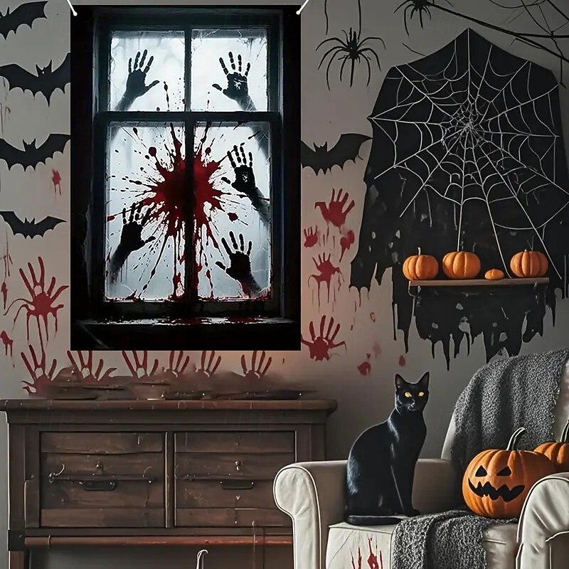 Halloween Window Curtain Bloody Handprints Bathroom Scene, Scary Door Cover, Window cover, Wall Tapestry for 2025 Halloween Haunted House Decoration4