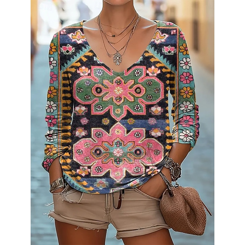 Women's Blouse Floral Retro Vintage Ethnic Long Sleeve V Neck Regular Tops Daily Holiday Print Black Pink Wine Red Royal Blue Summer Spring Fall4