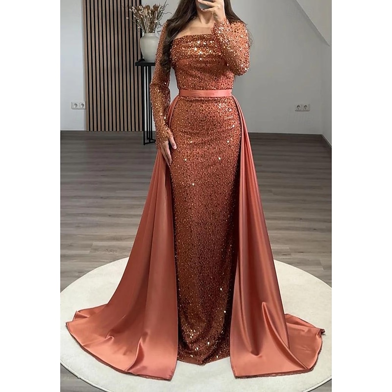 Black Tie Rust Gown Glitter Mermaid / Trumpet with Detachable Overskirt Evening Gown Elegant Dress Formal Wedding Floor Length Long Sleeve Sequin Lace Satin with Pleats Ruched Details