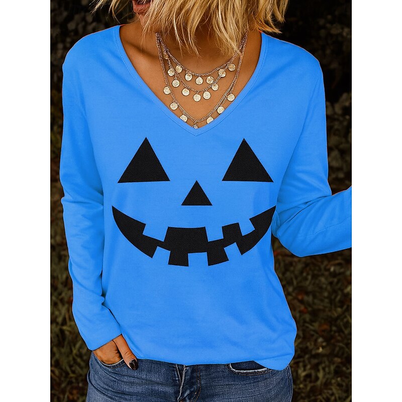 Halloween Women's T shirt Pumpkin V Neck Long Sleeve Tunic Graphic Elegant Vintage Stylish Regular Tops Daily Going out Weekend Print Blue Purple Orange Green Spring Fall3