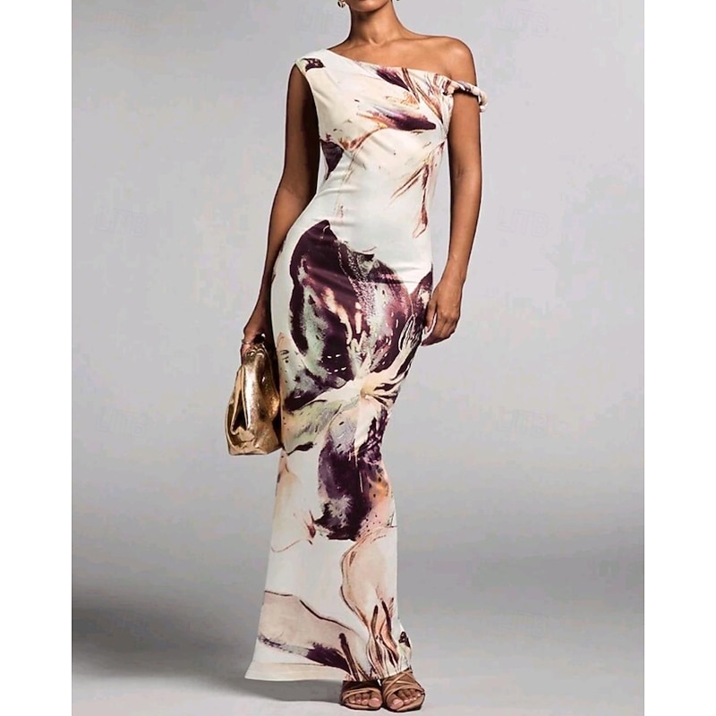 Women's Long Dress Maxi Dress Print Dress Fashion Outdoor Going out Weekend Regular Fit Flower Sleeveless One Shoulder Purple Green Summer