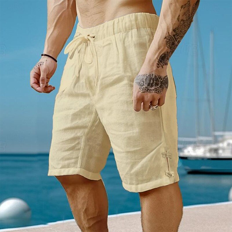 Men's Shorts Linen Shorts Summer Shorts Beach Shorts Drawstring Elastic Waist Plain Breathable Knee Length Yoga Beach Hawaiian Casual Black White3