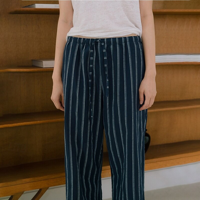 Women's 100% Cotton Wide Leg Chinos Vacation Vintage Ethnic Style Full Length Mid Waist Stripe Inelastic Vacation Home Casual White Navy Blue Summer Spring Fall Loose Fit2