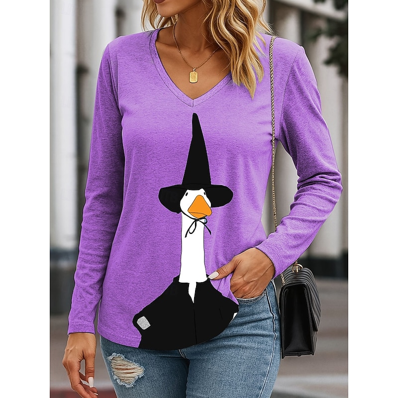 Halloween Women's T Shirt V Neck Long Sleeve Tunic Graphic Halloween Duck Elegant Vintage Stylish Regular Tops Daily Going out Weekend Print Blue Purple Green Khaki Spring Fall3