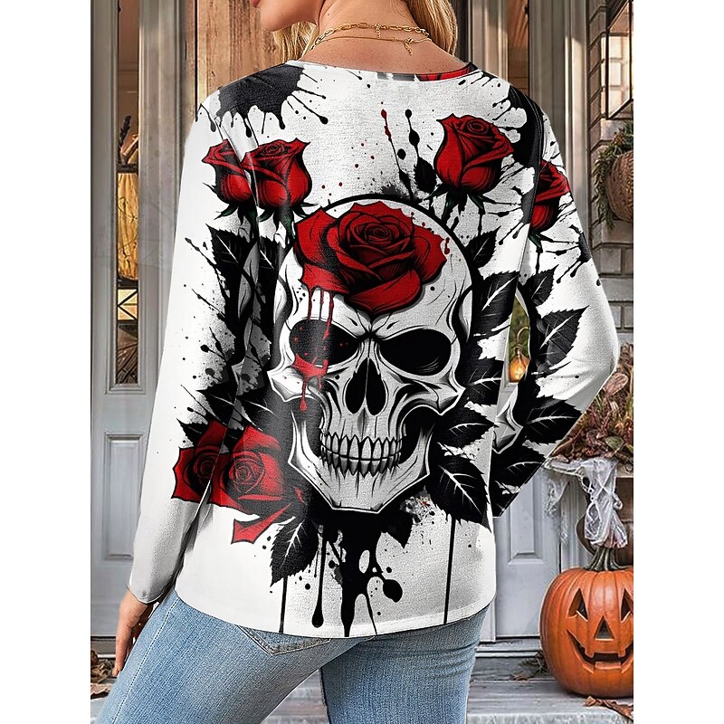 Halloween Women's T Shirt Skulls Crew Neck Long Sleeve Tunic Graphic Rose Vintage Stylish Classic Regular Tops Daily Print Red Purple Orange Green Spring Fall2