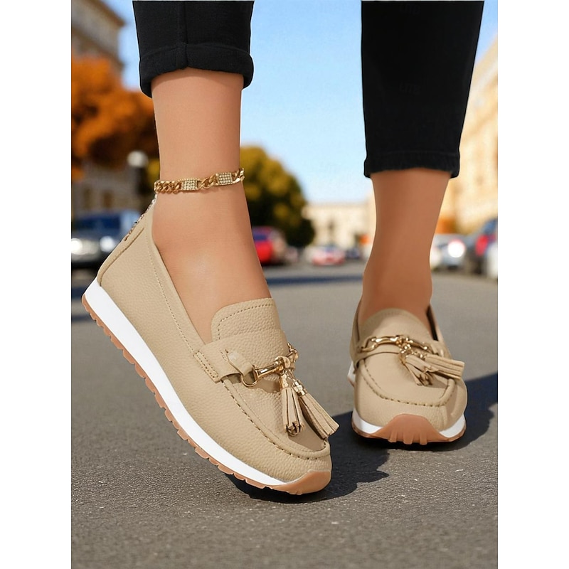 Women's Beige Faux Leather Tassel Loafers with Gold Chain - Casual Preppy Style Flat Moccasins for Ladies, Ideal for Work, Driving, and Daily Streetwear
