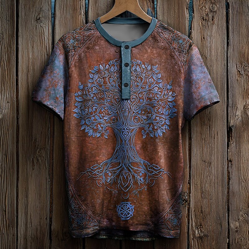 Men's Graphic Tree T Shirt Henley Shirt Short Sleeve Designer Retro Vintage Casual Street Casual Daily Summer Spring All Seasons Blue Purple Brown Henley Henley T-Shirt3