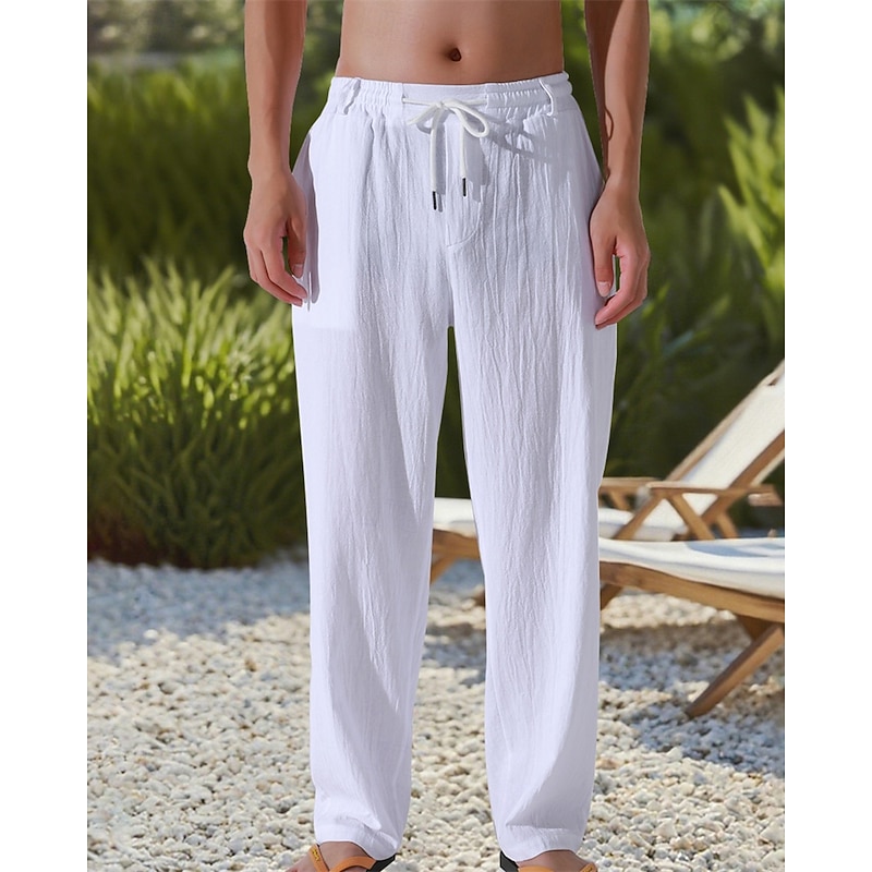 Men's Linen Pants Trousers Summer Pants Beach Pants Pocket Elastic Waist Drawstring Plain Comfort Breathable Vacation Daily Holiday Hawaiian Boho Dark Khaki Black