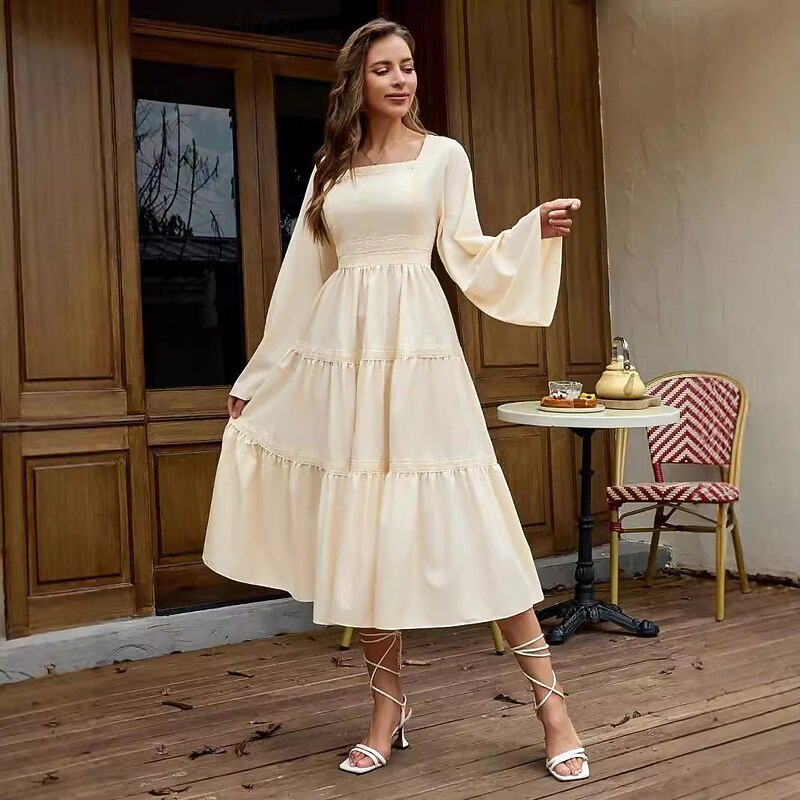 Retro Vintage Medieval Renaissance Midi Dress Bell Sleeve Viking Elven A-Line Fancy Dress Women's Fantasy Halloween Carnival Vacation Casual Daily LARP Adults Dress Spring & Summer2