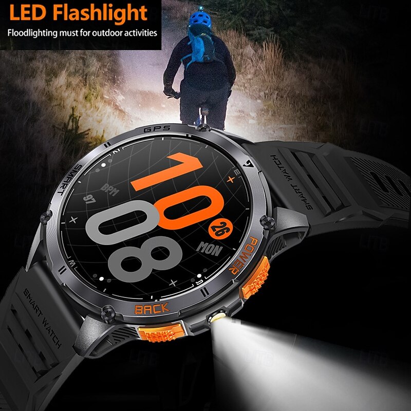 New Military Smart Watch for Men with LED Flashlight Compass 1.43 AMOLED Display Modes Rugged Smartwatch for iOS Android4