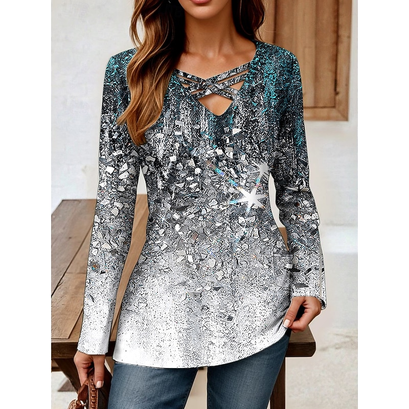 Women's T Shirt Ombre Graphic Abstract Vintage Stylish Classic Long Sleeve V Neck Regular Tops Daily Cut Out Print Dark Gray Spring Fall Winter